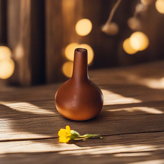 petit vase soliflore avec une fleur sechée sur une table