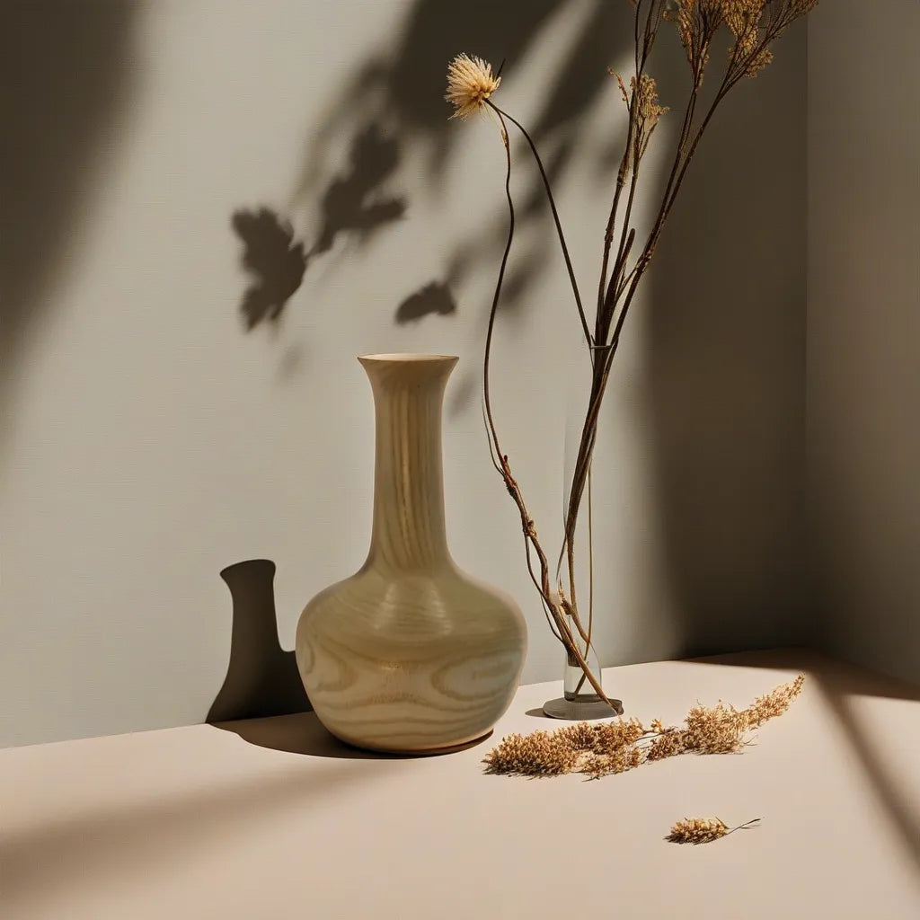 vase en bois contre mur sur table blanche