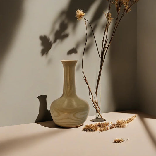 vase en bois contre mur sur table blanche