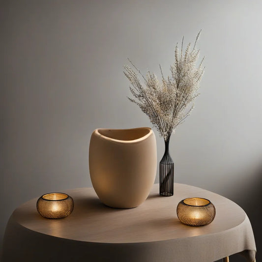 vase en bois sur table avec nappe et bougies